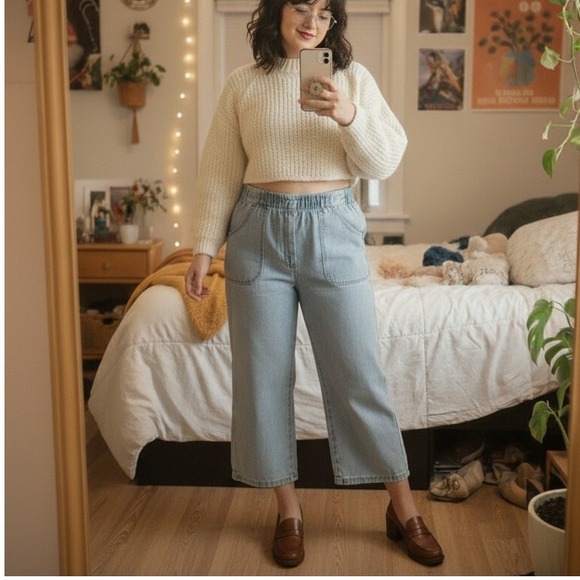 LARGE Vintage Light Wash Denim Cropped Ankle Pants Wide Leg Stretchy - Picture 1 of 9